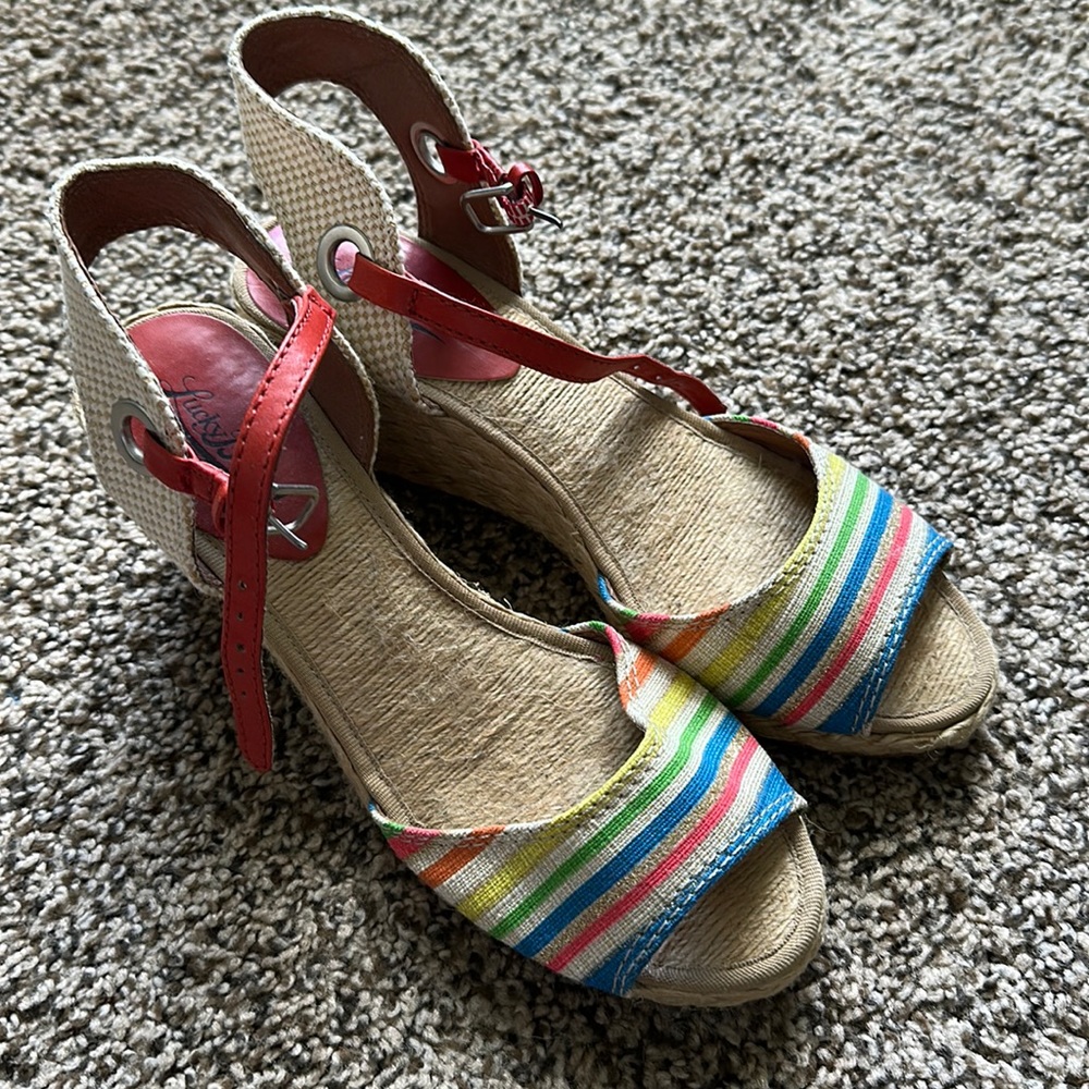 Lucky brand rainbow striped wedge sandal. Size 8